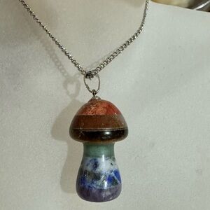 Striped Colorful Stone Mushroom Pendant with 18” Silver Plate Chain New